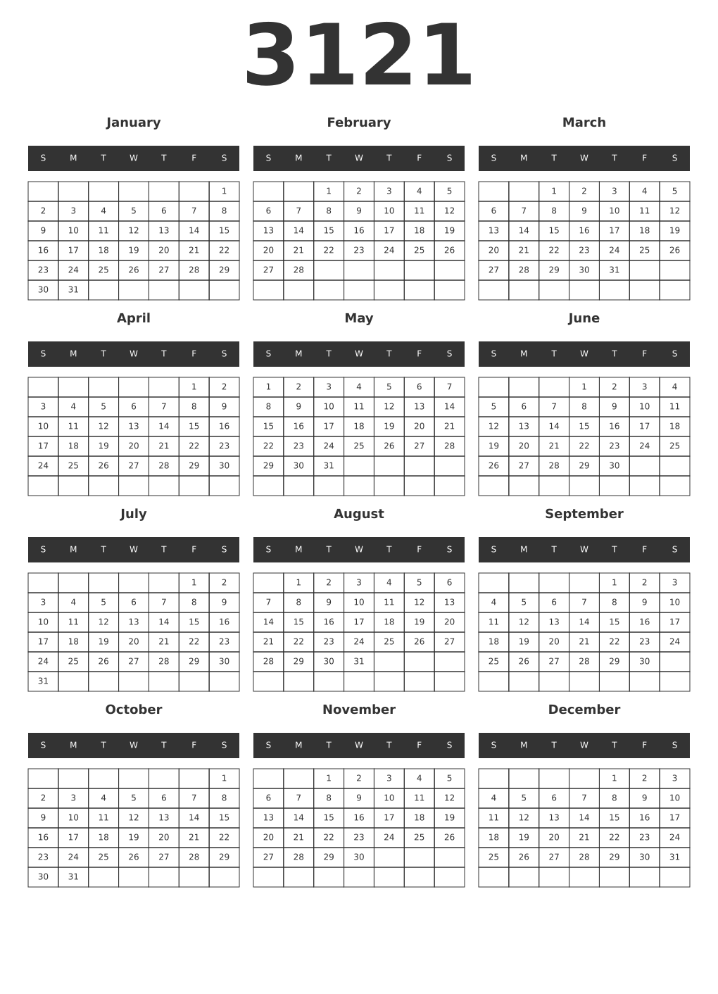 Printable 3121 Year Calendars dark
