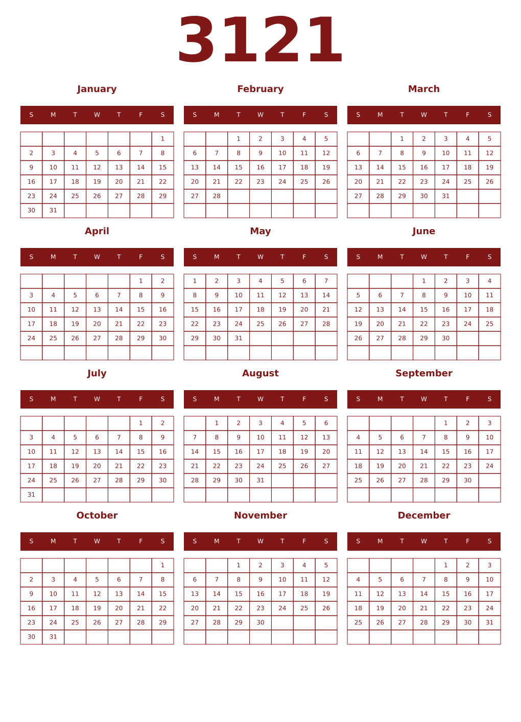 Printable 3121 Year Calendars falu
