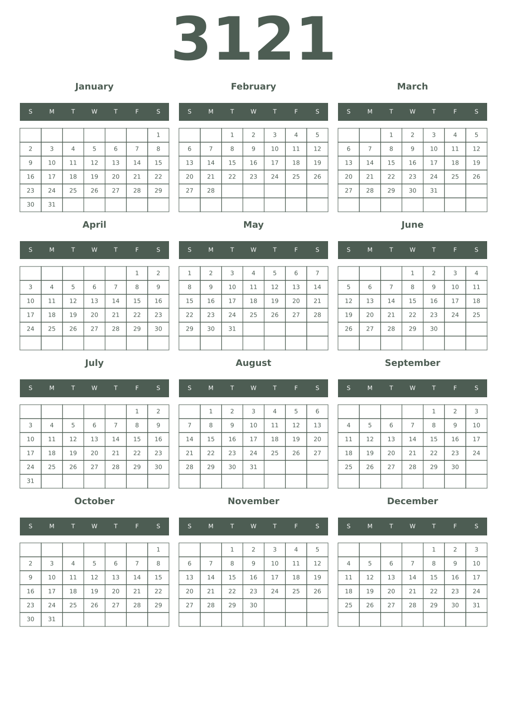 Printable 3121 Year Calendars feldgrau