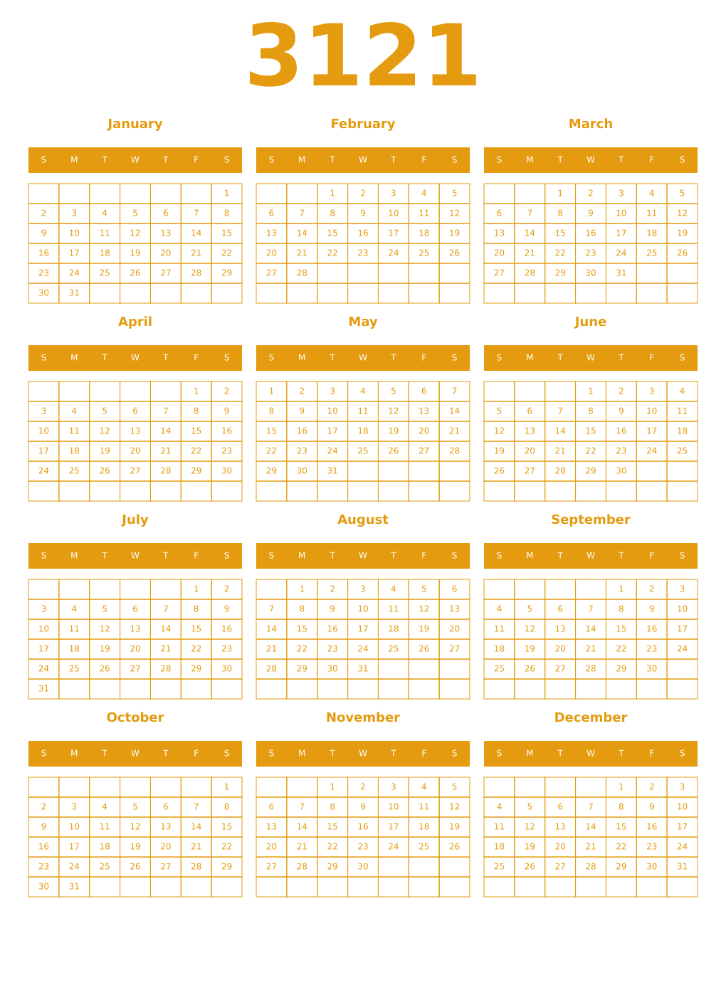 Printable 3121 Year Calendars gamboge