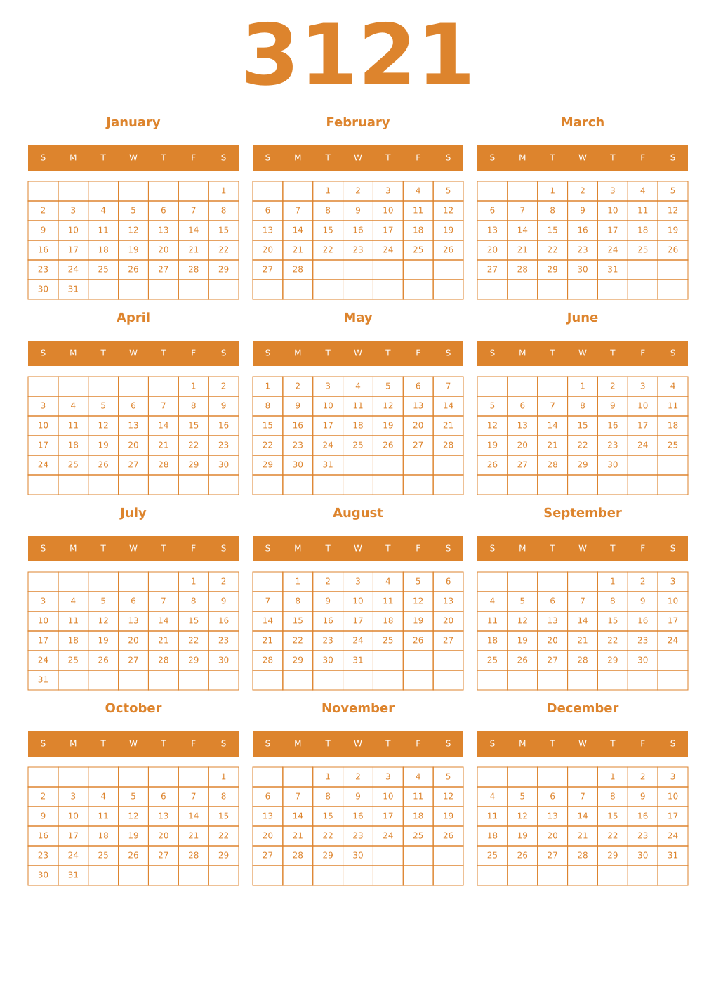 Printable 3121 Year Calendars orange