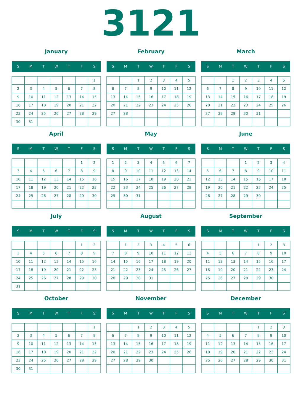 Printable 3121 Year Calendars pastel