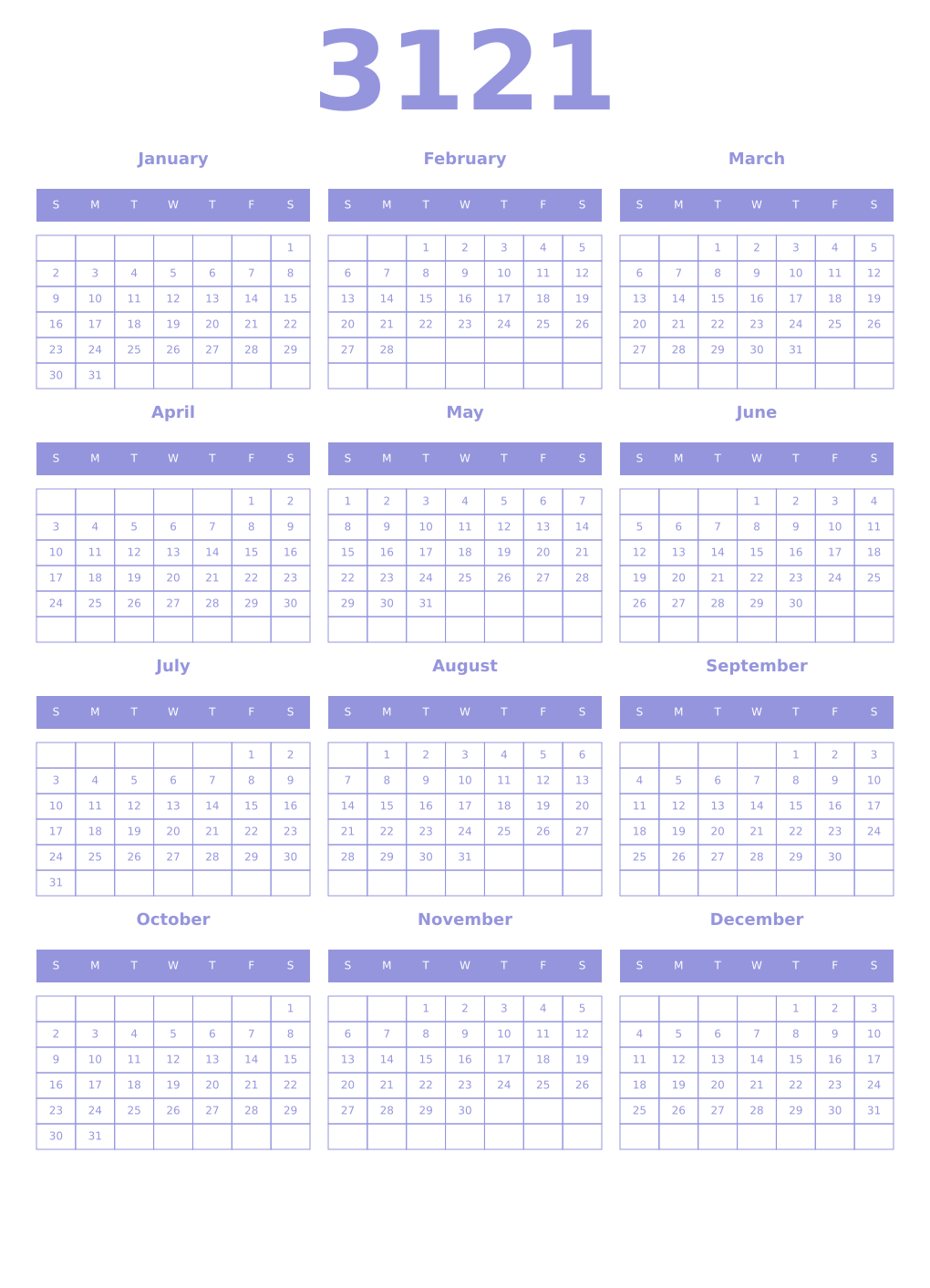 Printable 3121 Year Calendars periwinkle