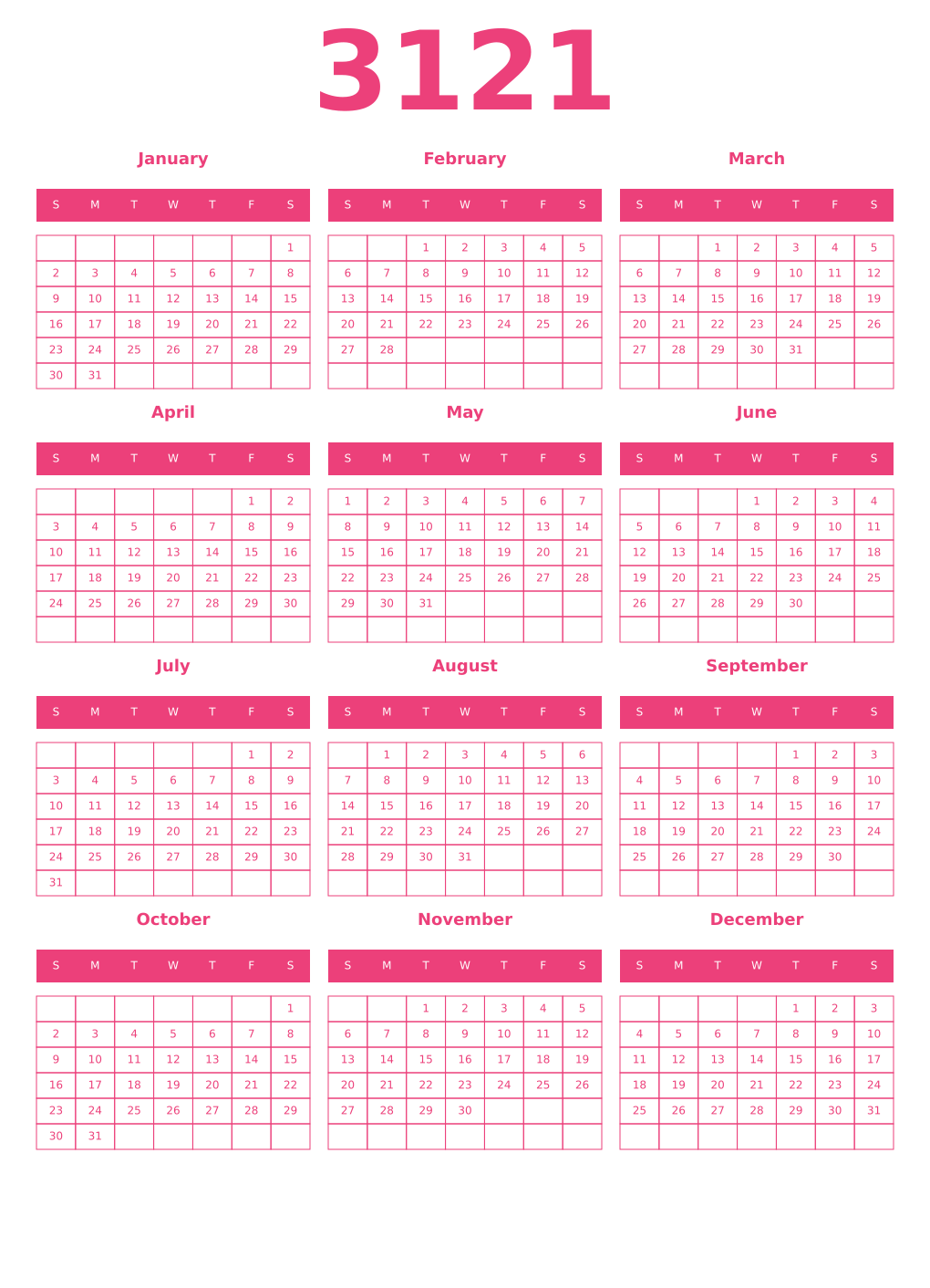 Printable 3121 Year Calendars pink