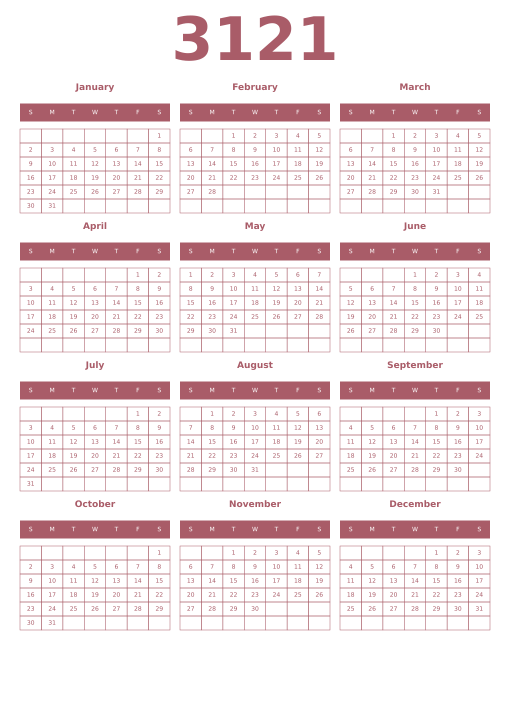 Printable 3121 Year Calendars puce