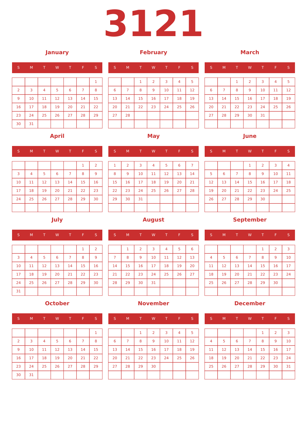 Printable 3121 Year Calendars red