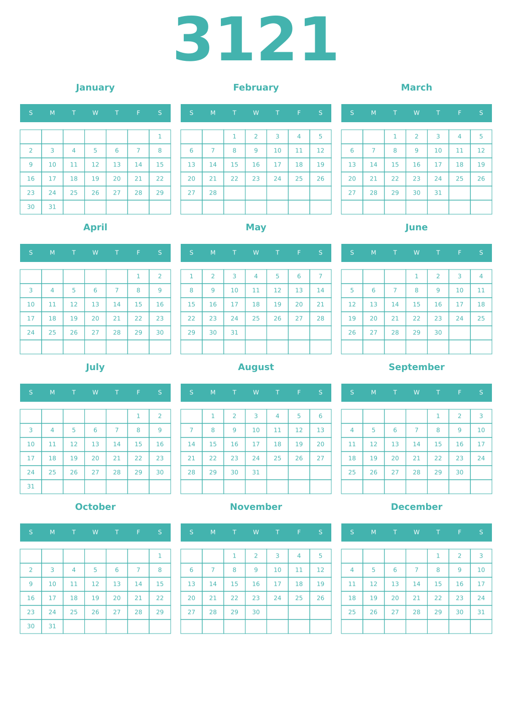 Printable 3121 Year Calendars verdigris