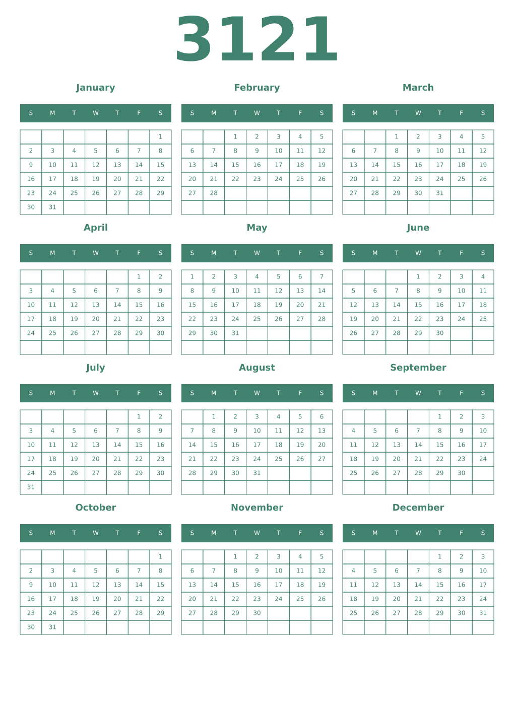 Printable 3121 Year Calendars viridian