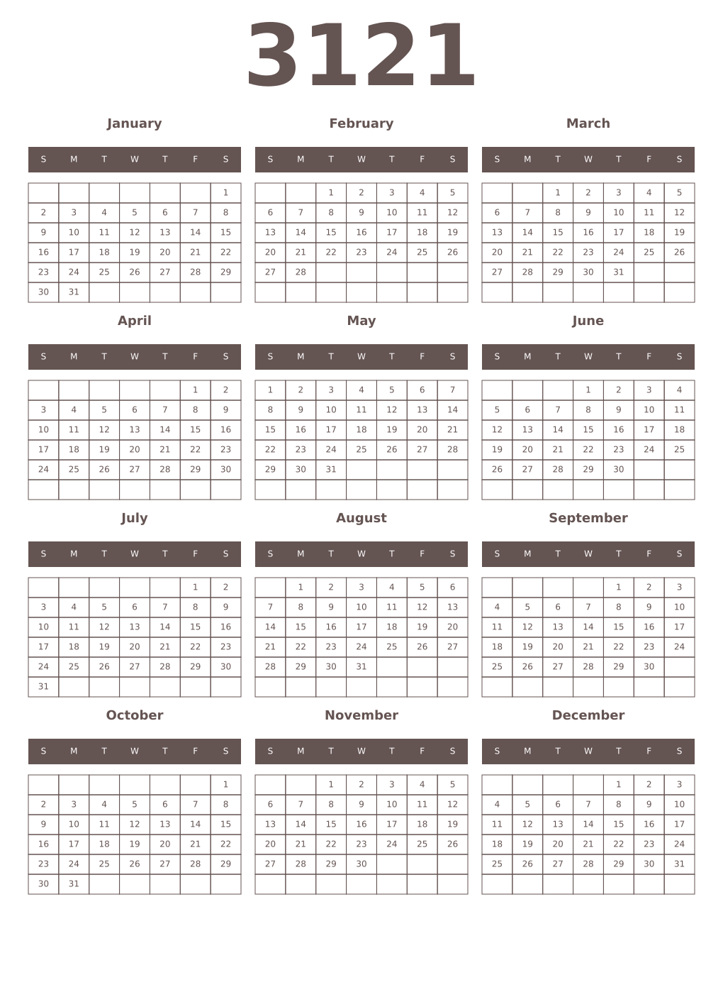 Printable 3121 Year Calendars wenge