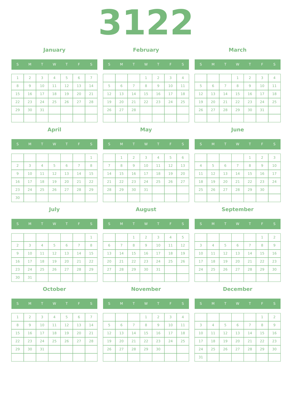 Printable 3122 Year Calendars celadon