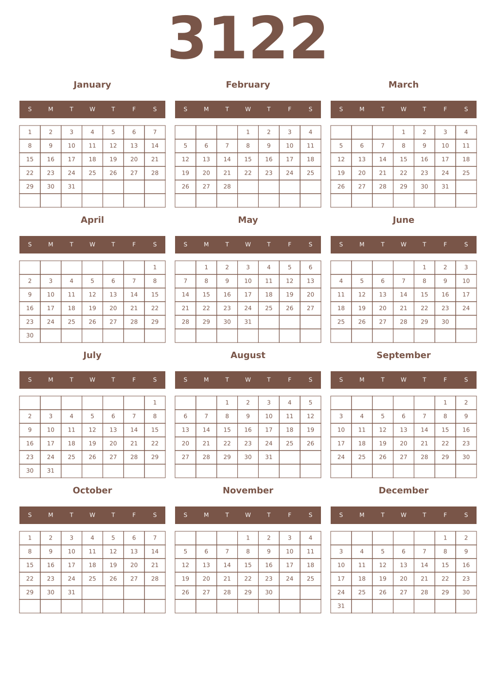 Printable 3122 Year Calendars coffe