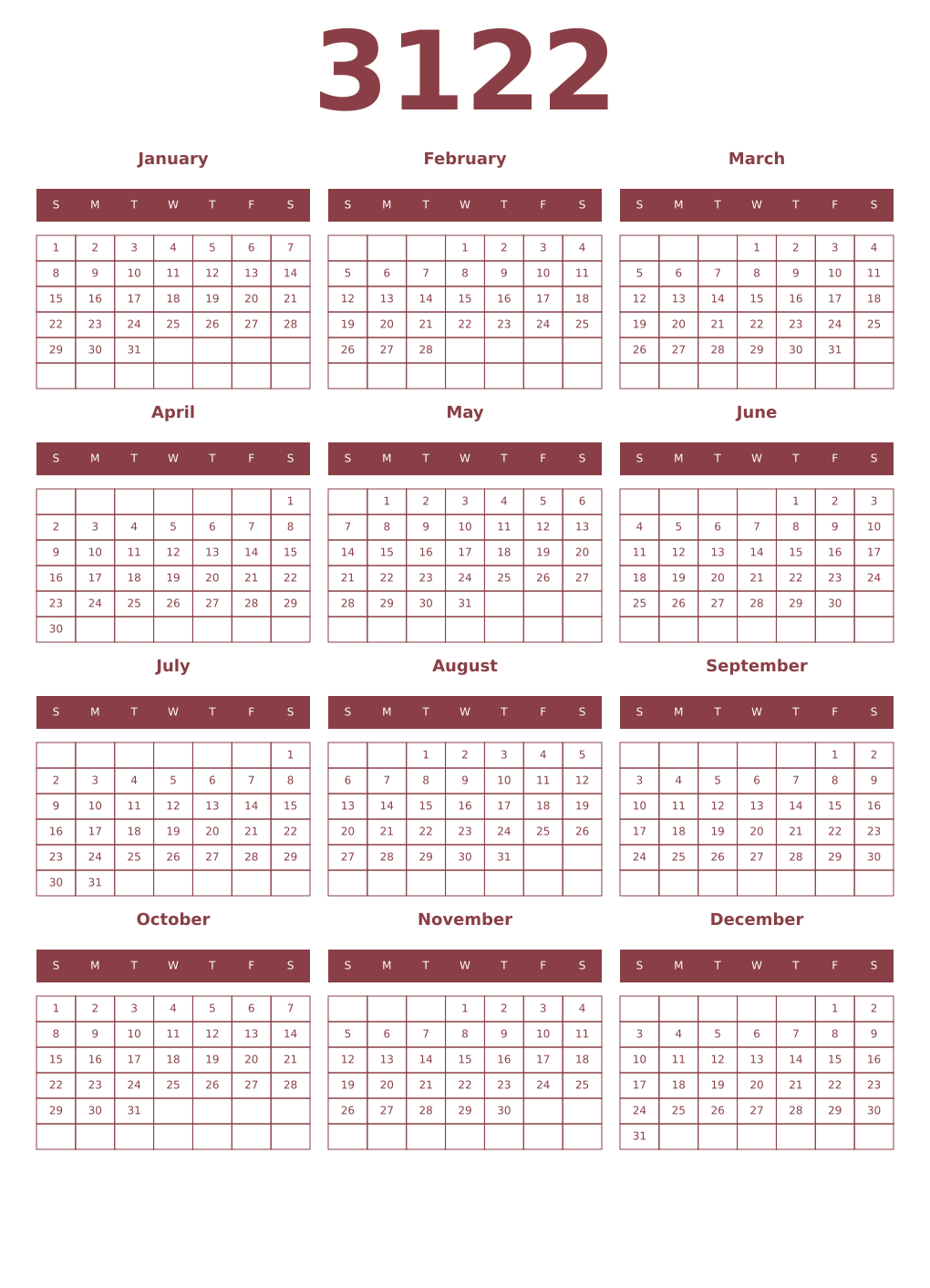 Printable 3122 Year Calendars cordovan