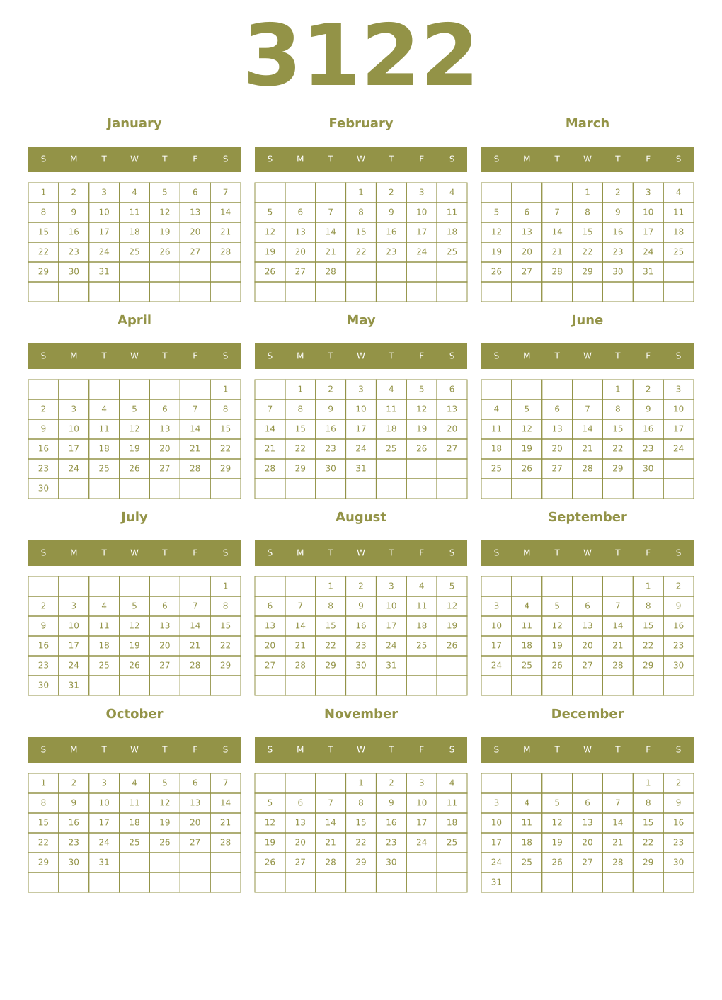 Printable 3122 Year Calendars eburnean