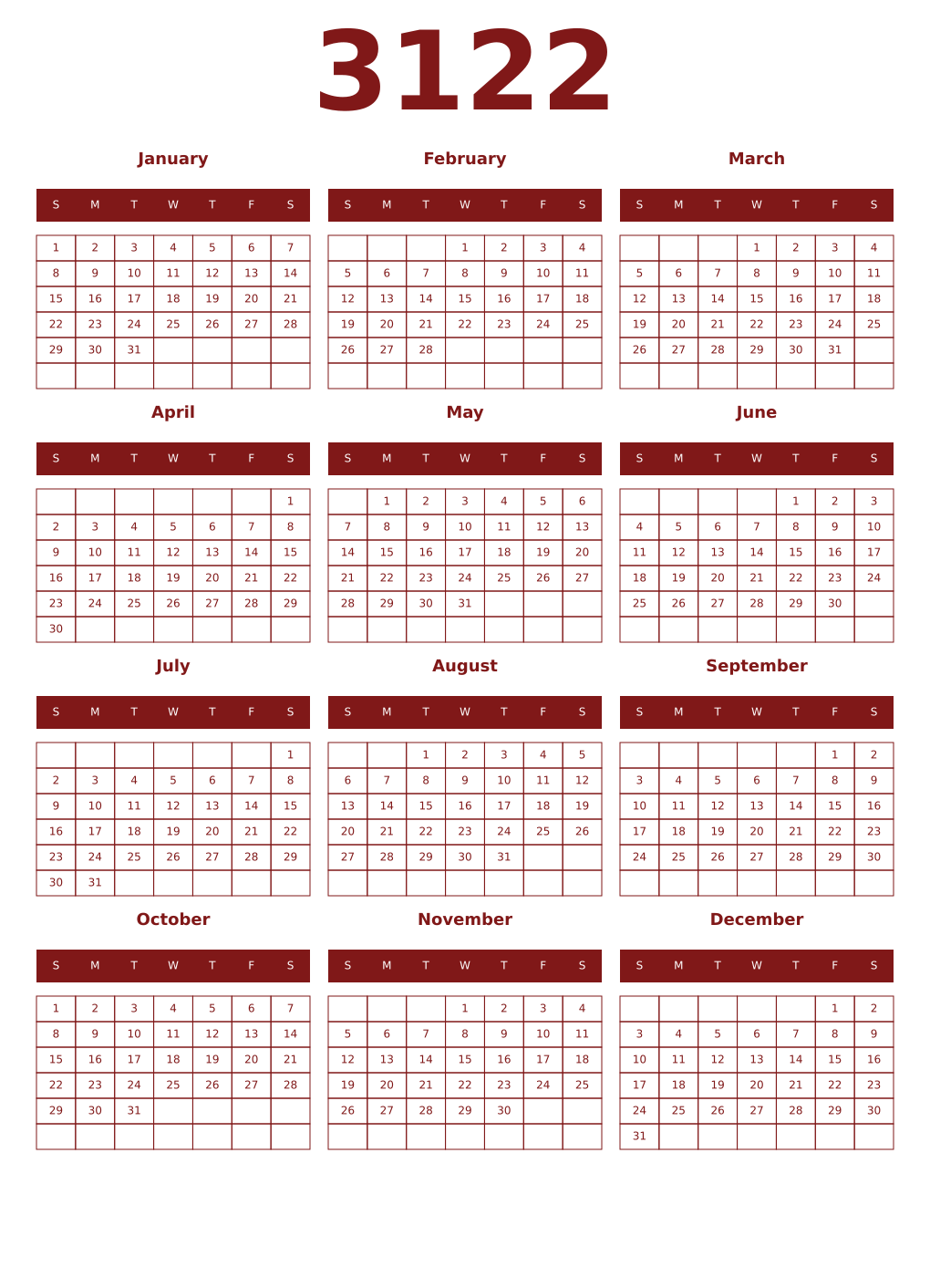 Printable 3122 Year Calendars falu