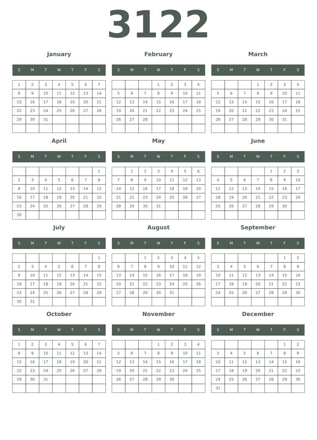 Printable 3122 Year Calendars feldgrau