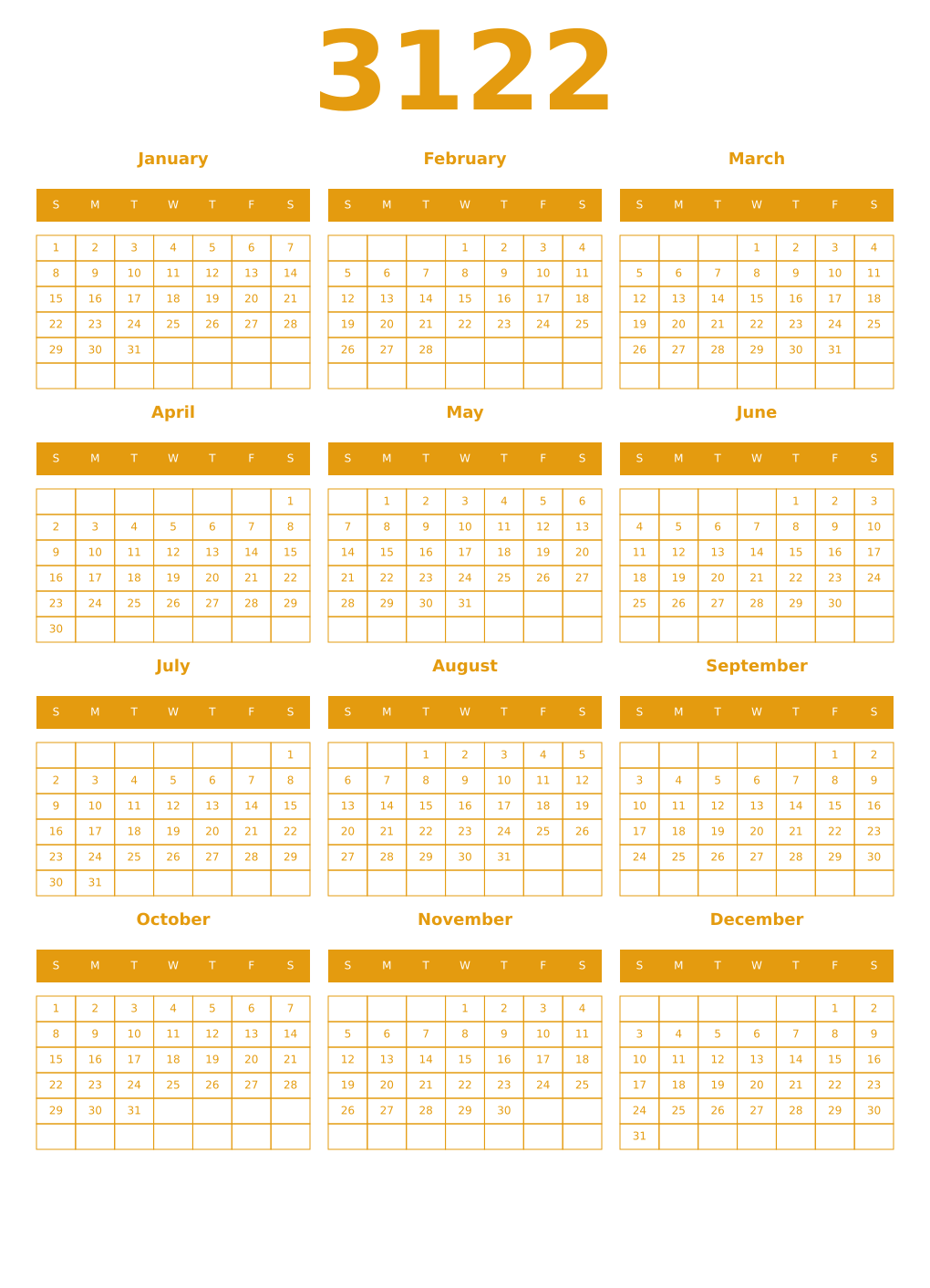 Printable 3122 Year Calendars gamboge