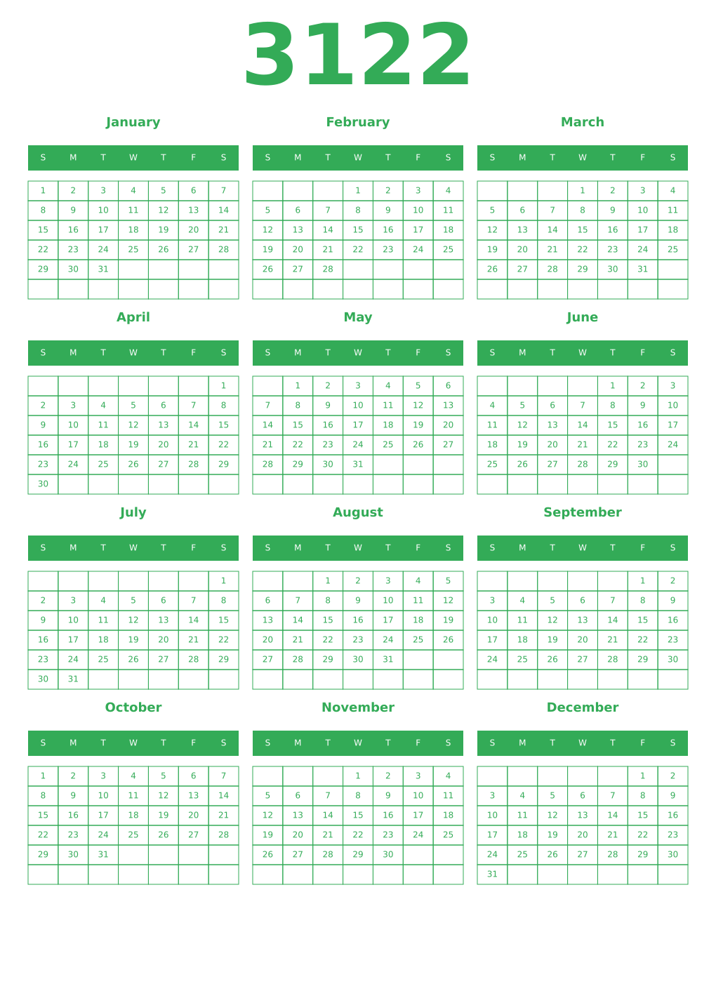 Printable 3122 Year Calendars green