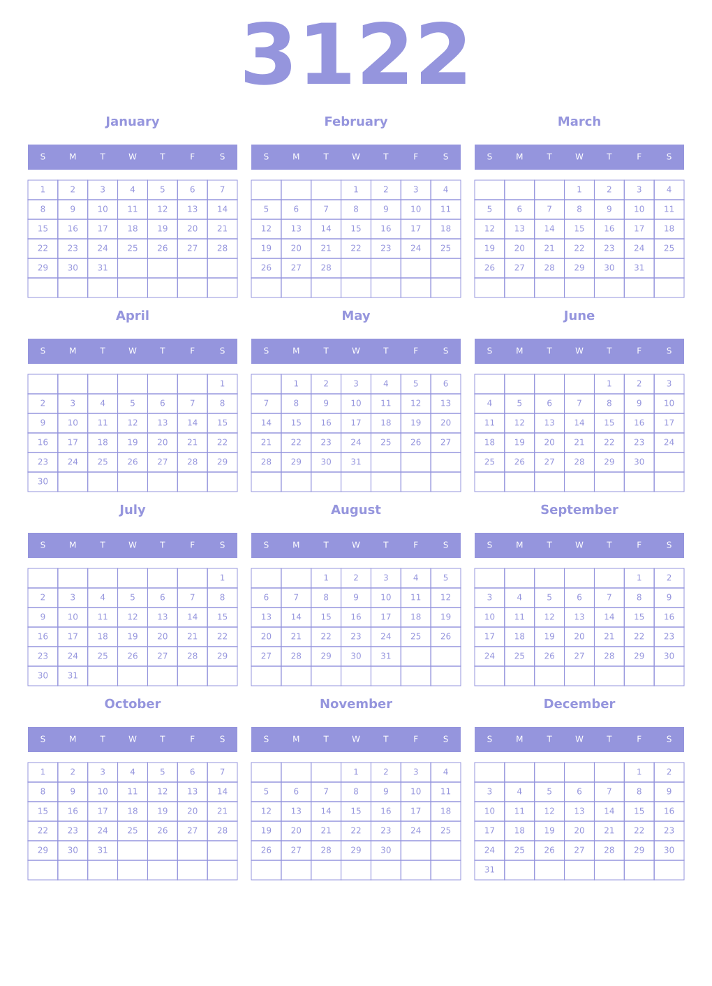 Printable 3122 Year Calendars periwinkle