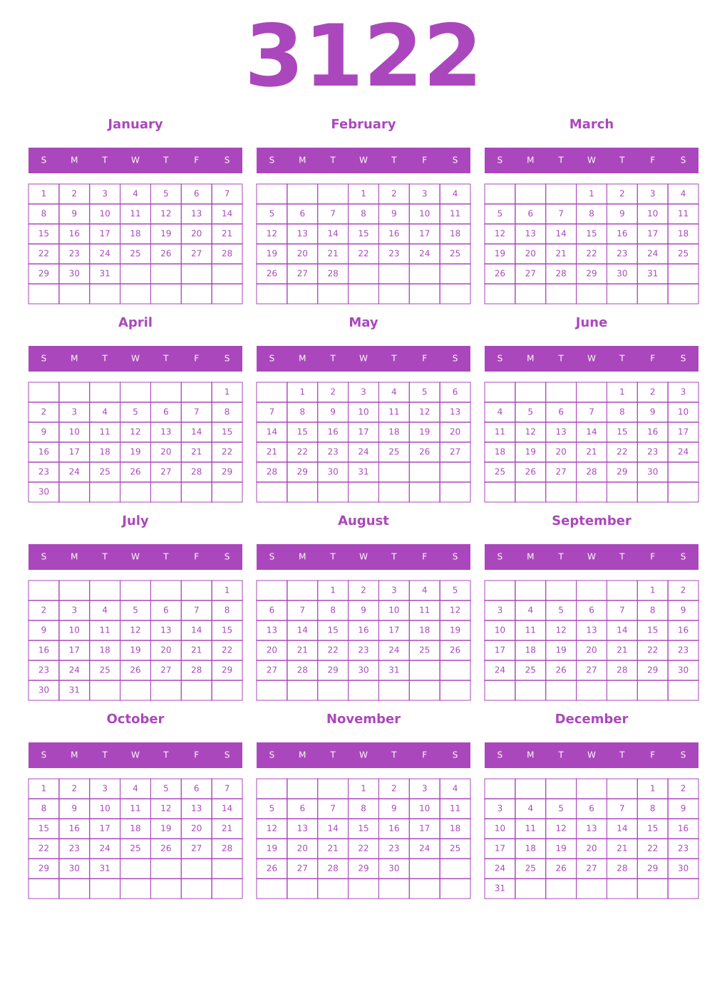 Printable 3122 Year Calendars purple