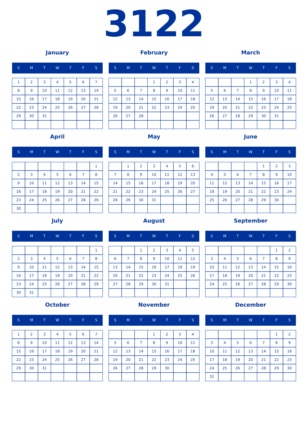 Printable 3122 Year Calendars smalt