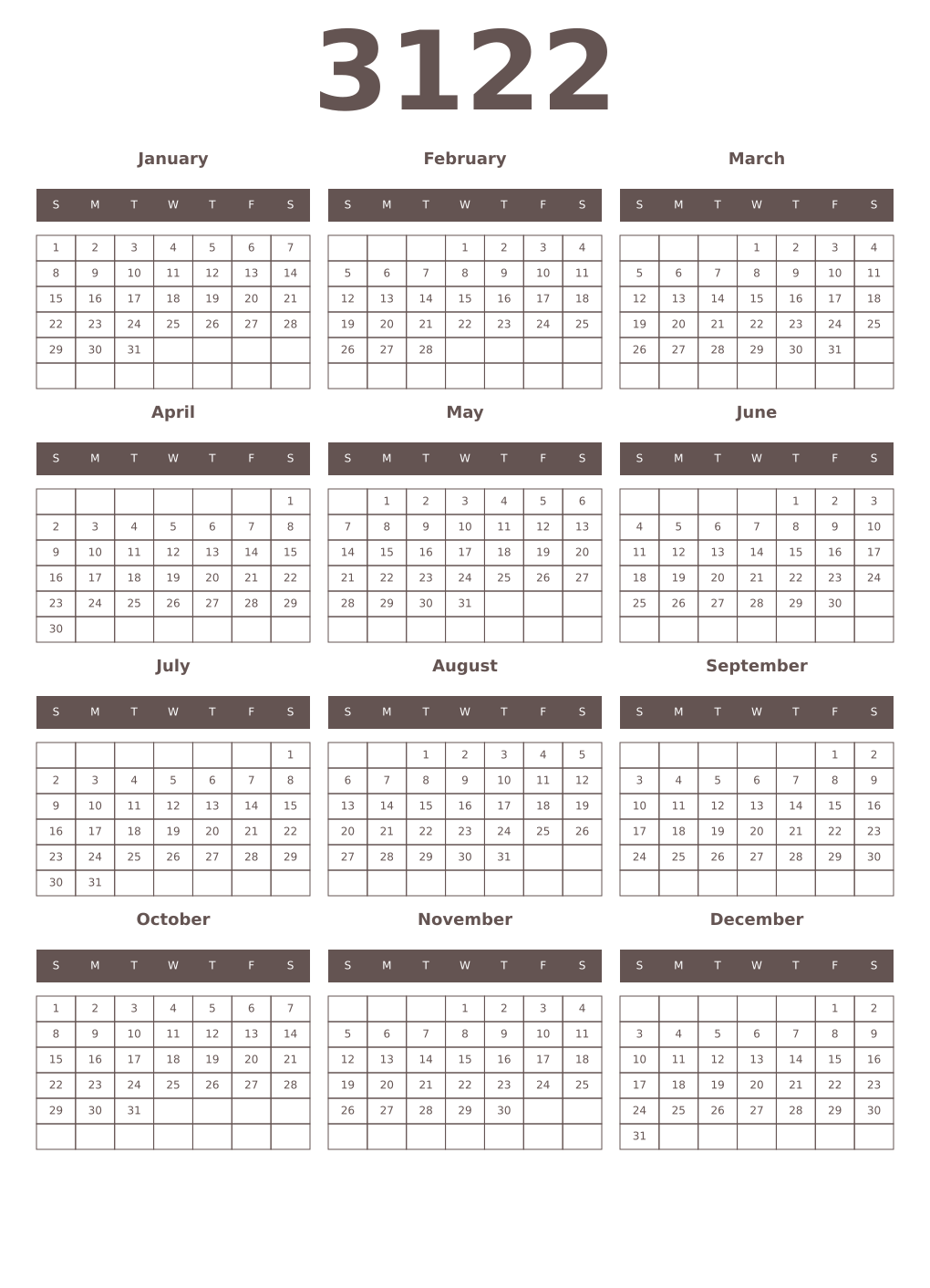 Printable 3122 Year Calendars wenge