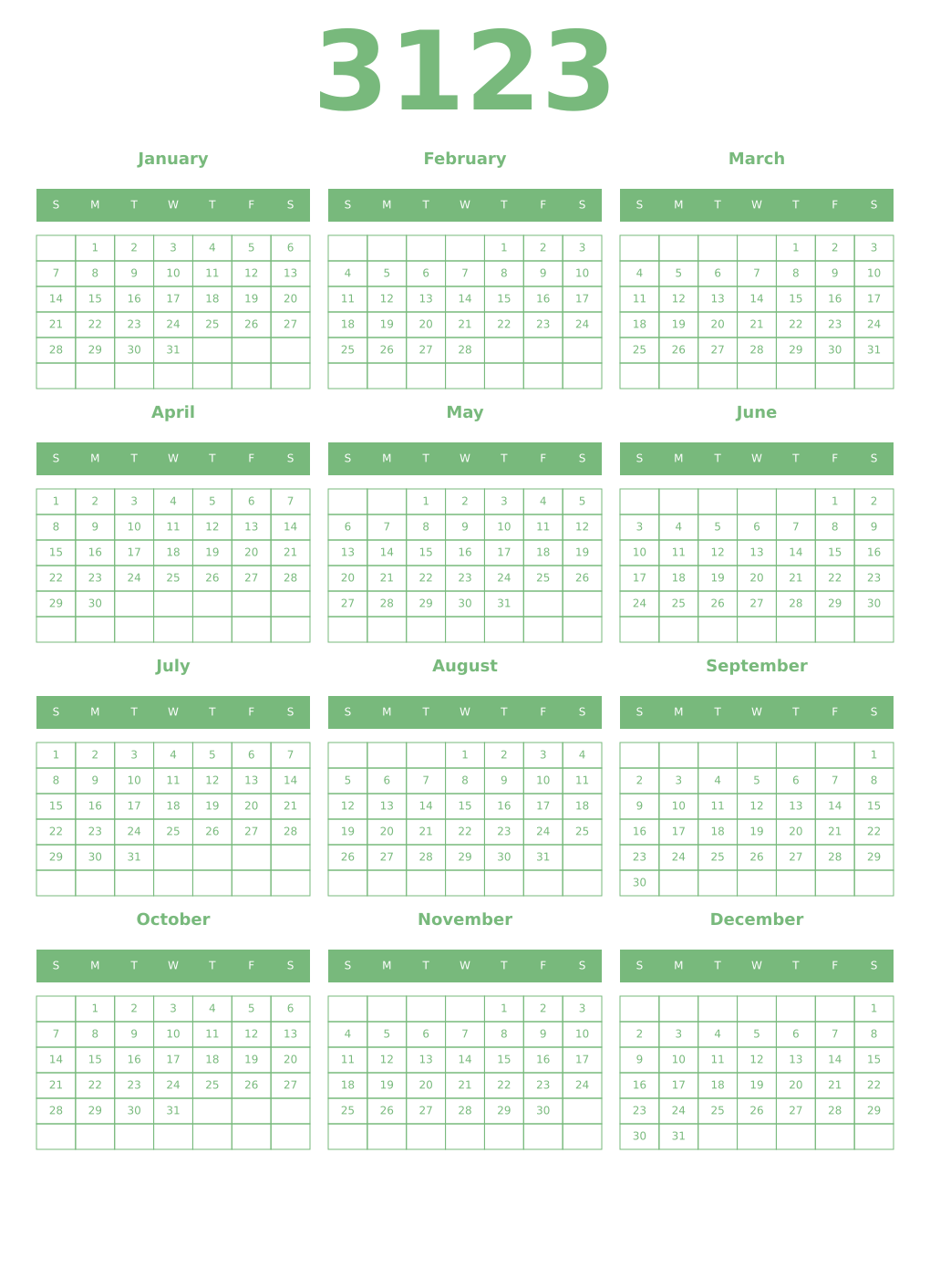 Printable 3123 Year Calendars celadon