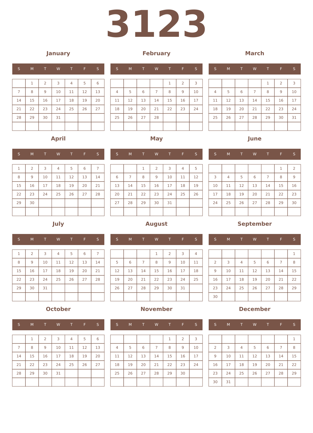 Printable 3123 Year Calendars coffe