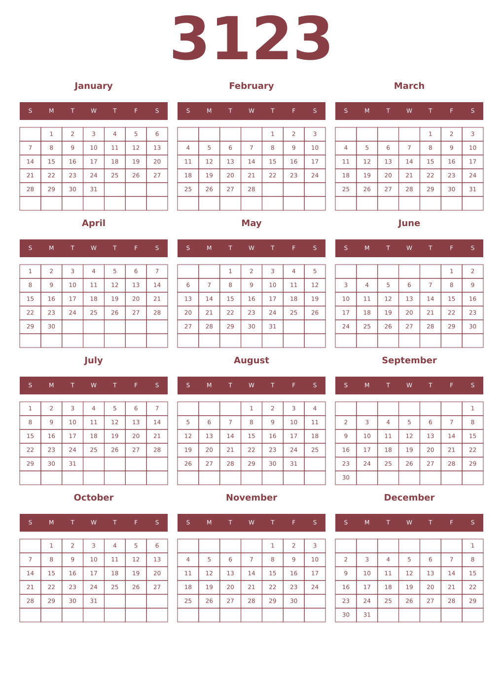 Printable 3123 Year Calendars cordovan