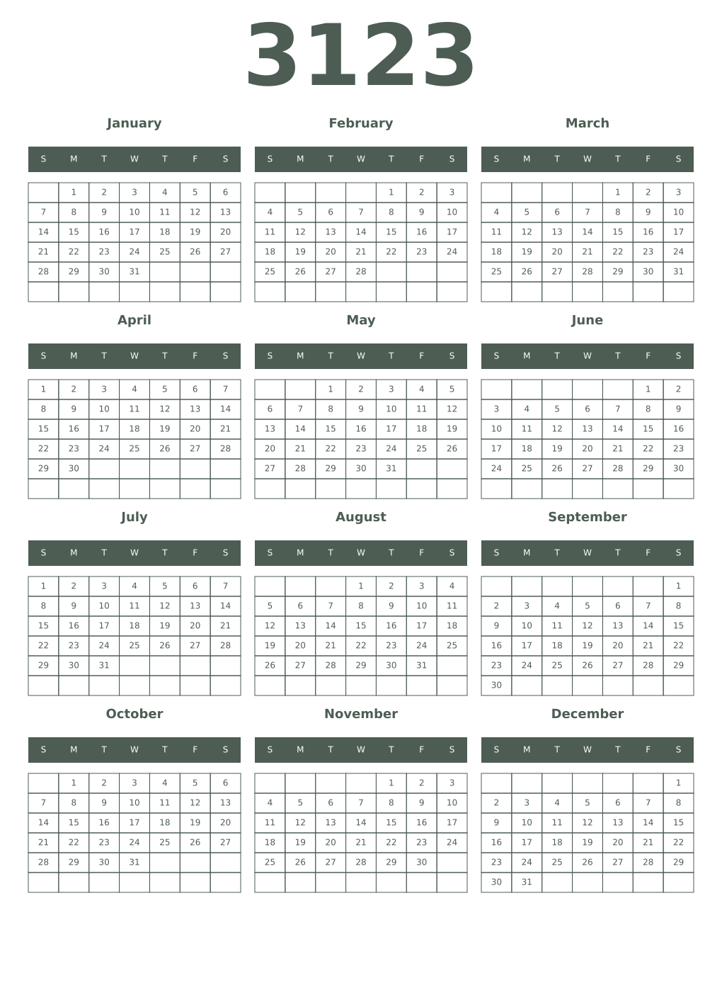Printable 3123 Year Calendars feldgrau