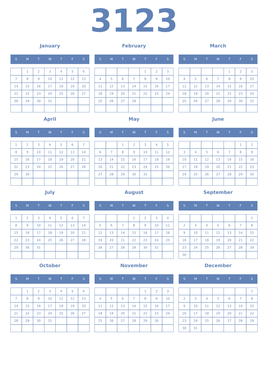 Printable 3123 Year Calendars glaucous