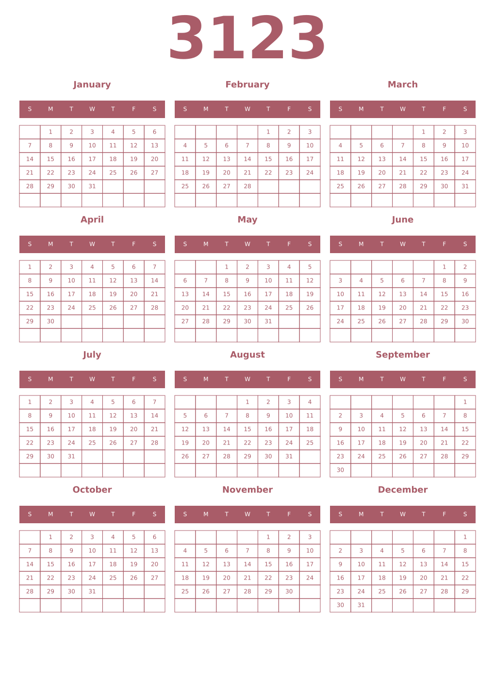 Printable 3123 Year Calendars puce