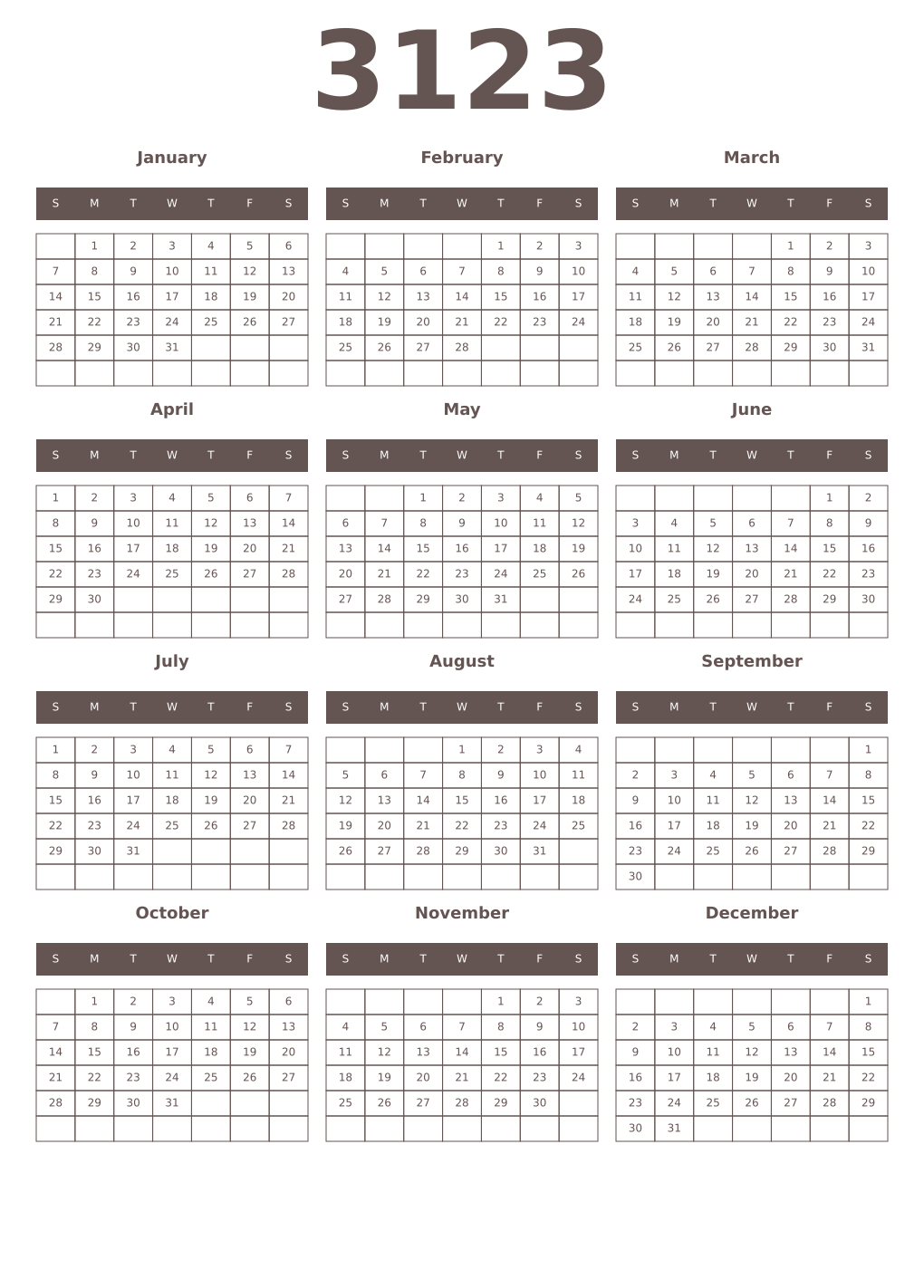 Printable 3123 Year Calendars wenge