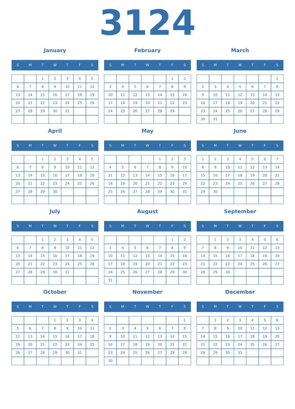 Printable 3124 Year Calendars blue