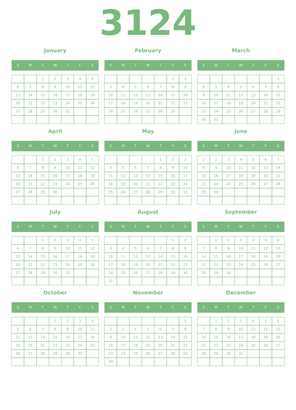 Printable 3124 Year Calendars celadon