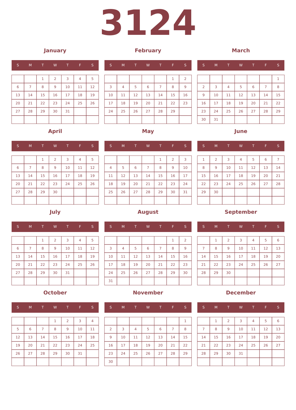 Printable 3124 Year Calendars cordovan