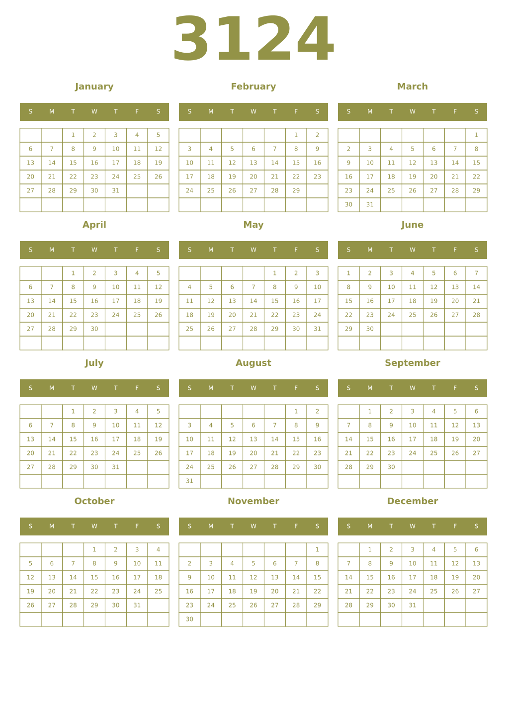 Printable 3124 Year Calendars eburnean