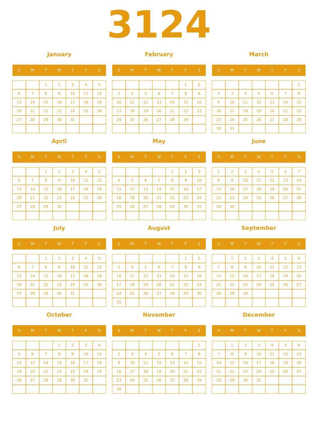 Printable 3124 Year Calendars gamboge