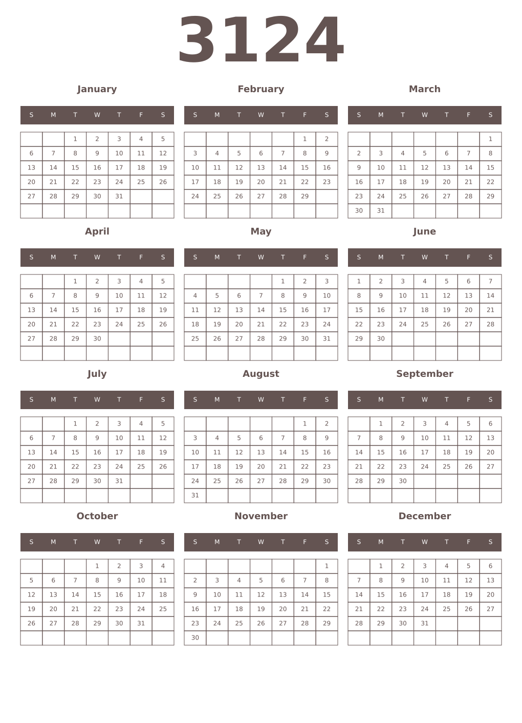 Printable 3124 Year Calendars wenge