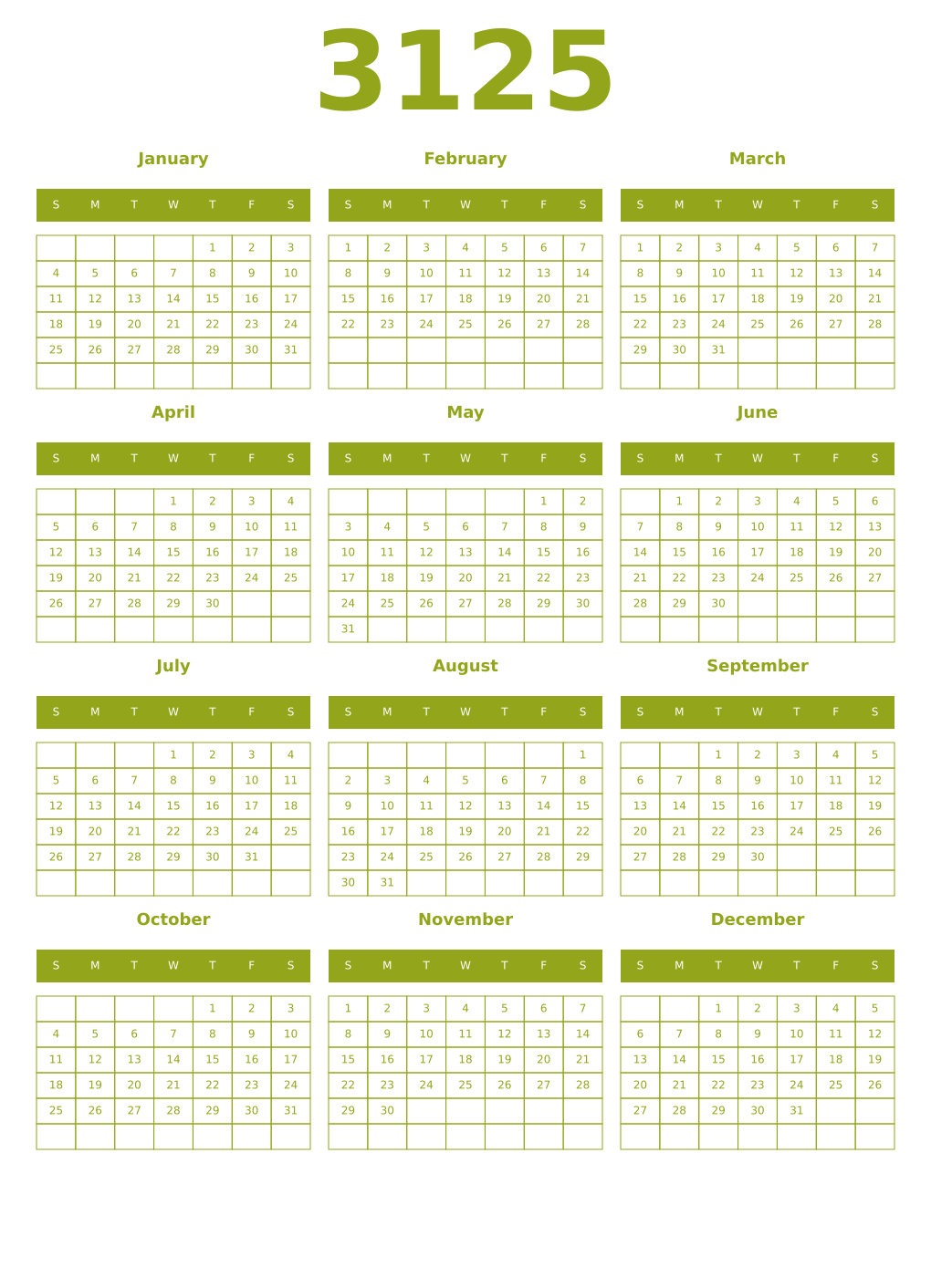 Printable 3125 Year Calendars chartreuse