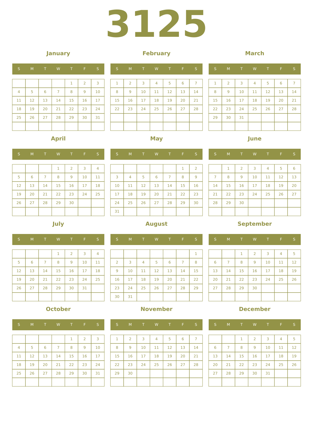 Printable 3125 Year Calendars eburnean