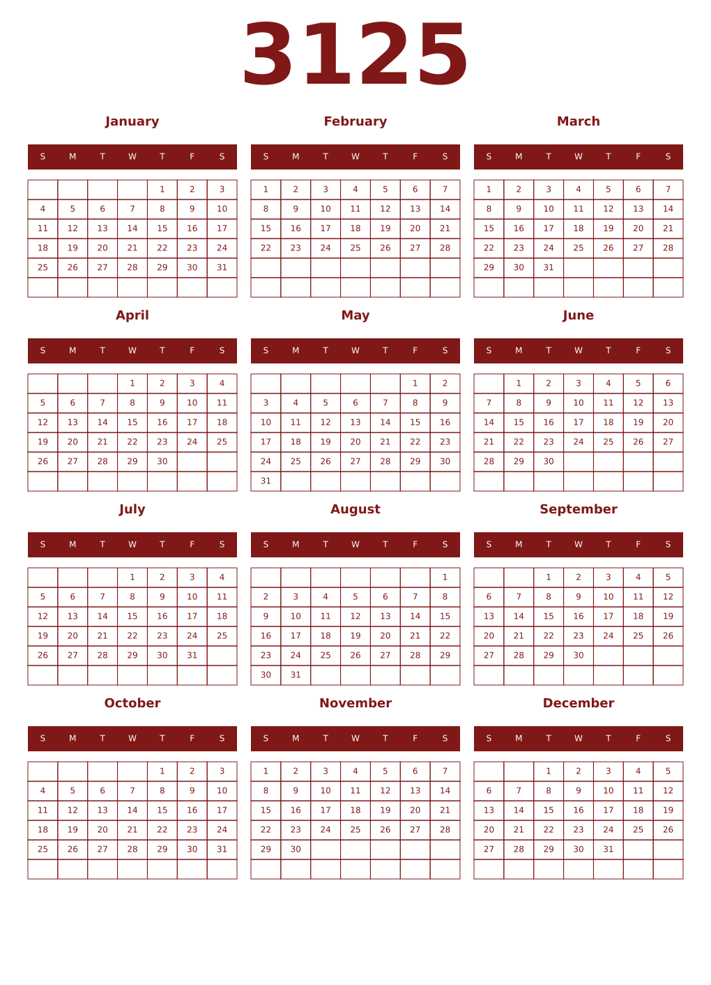 Printable 3125 Year Calendars falu