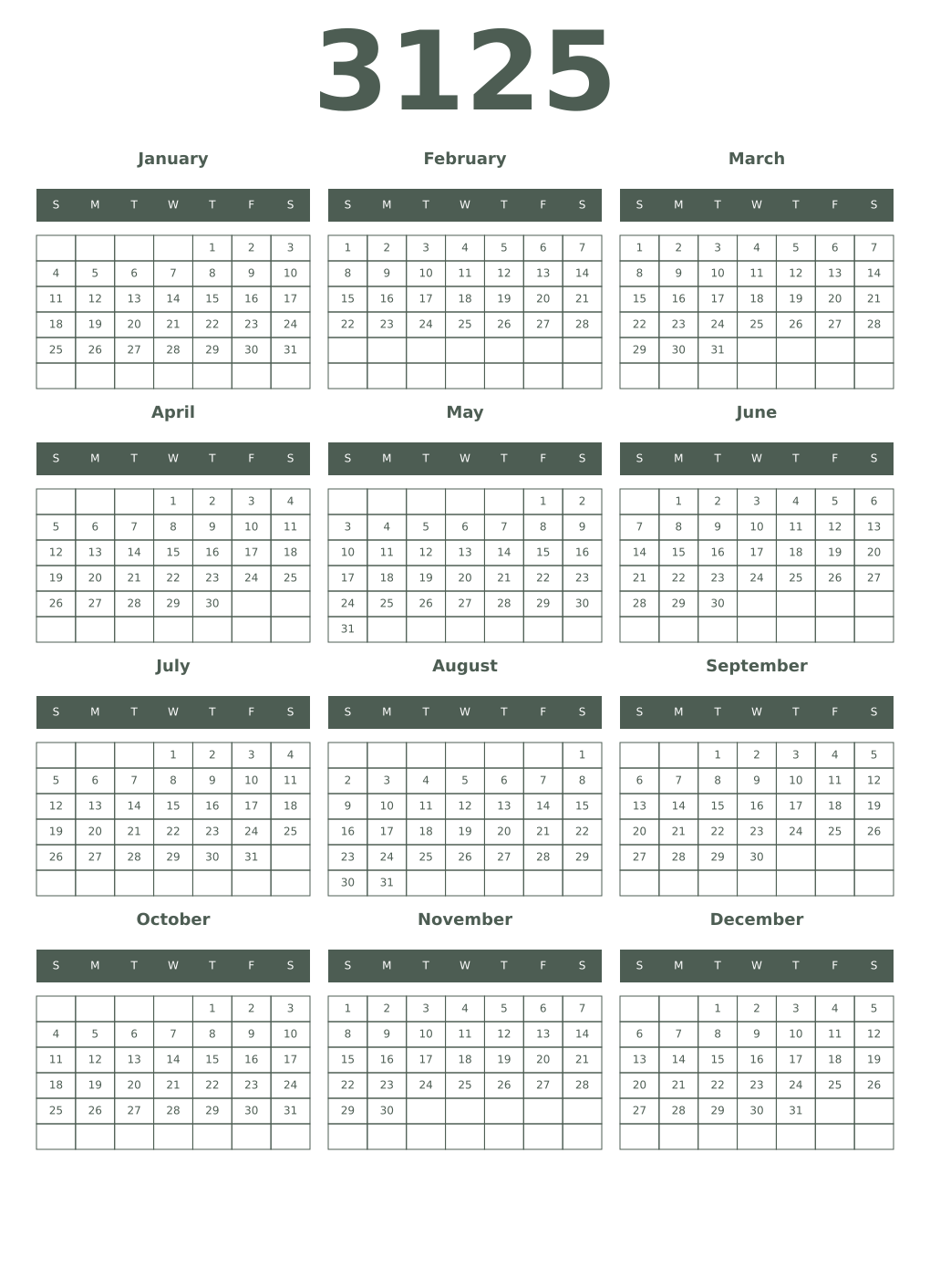 Printable 3125 Year Calendars feldgrau