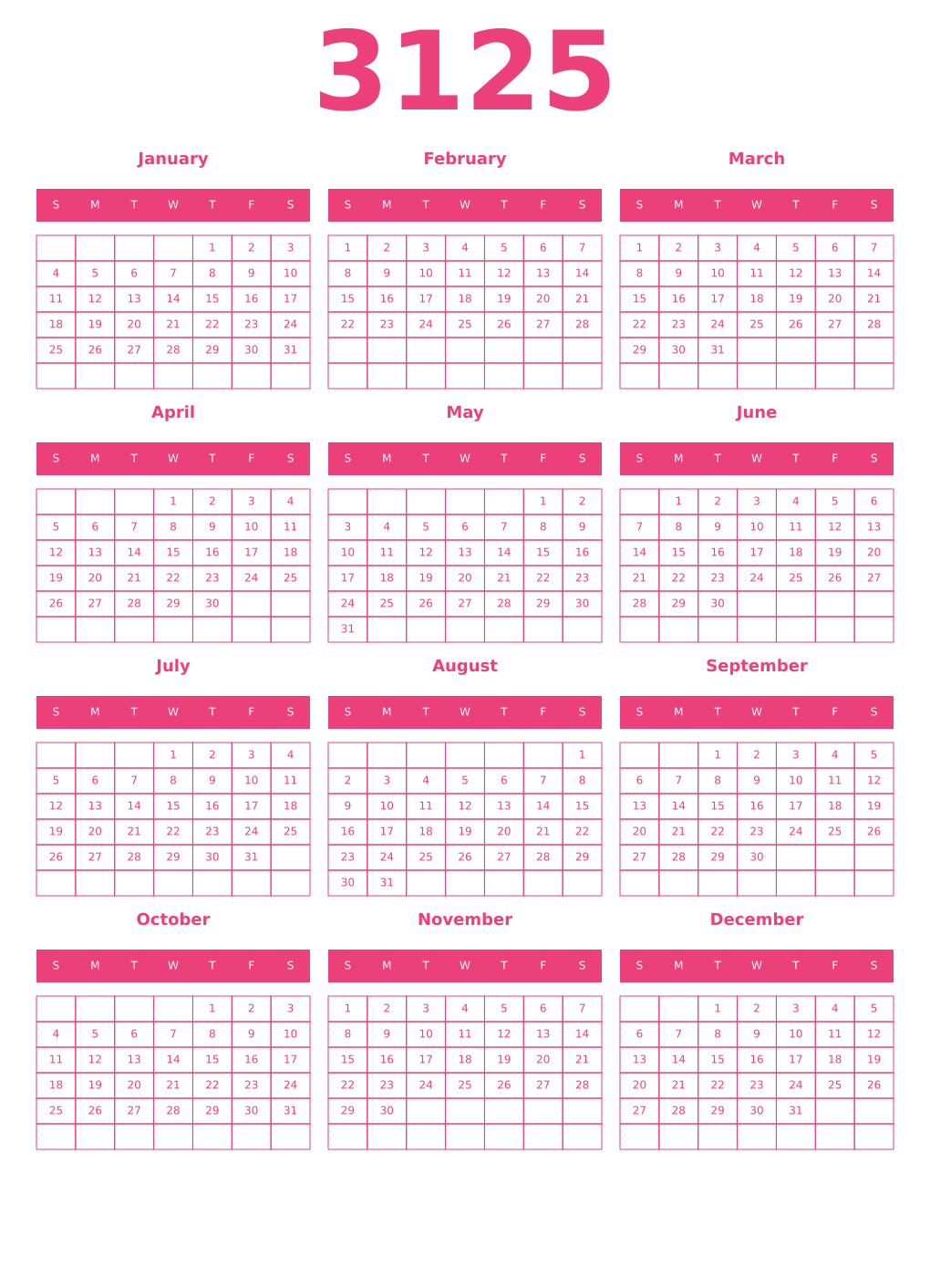 Printable 3125 Year Calendars pink