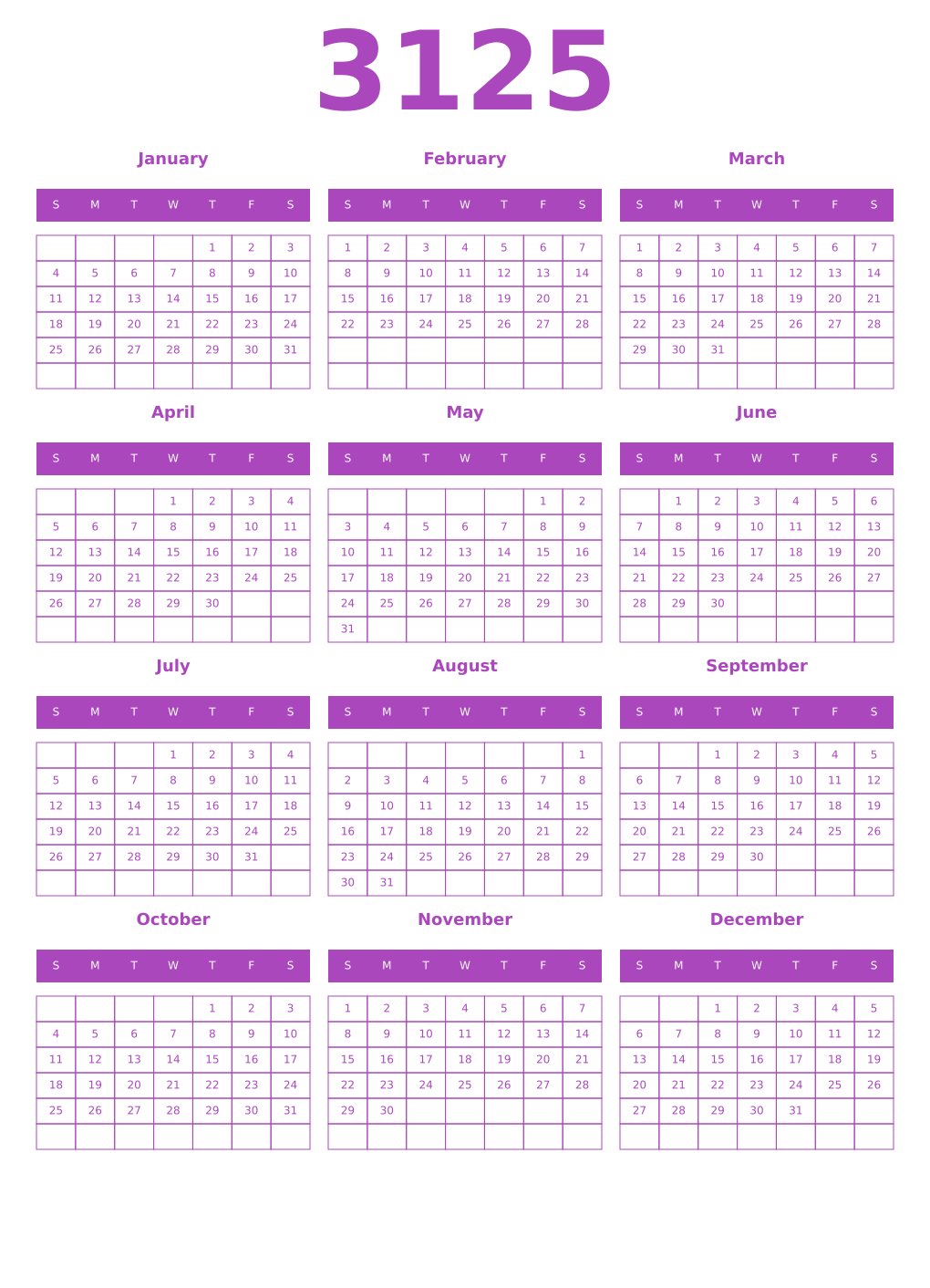 Printable 3125 Year Calendars purple