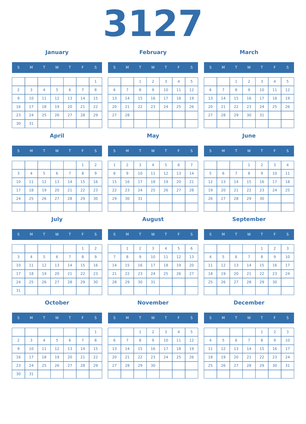 Printable 3127 Year Calendars blue