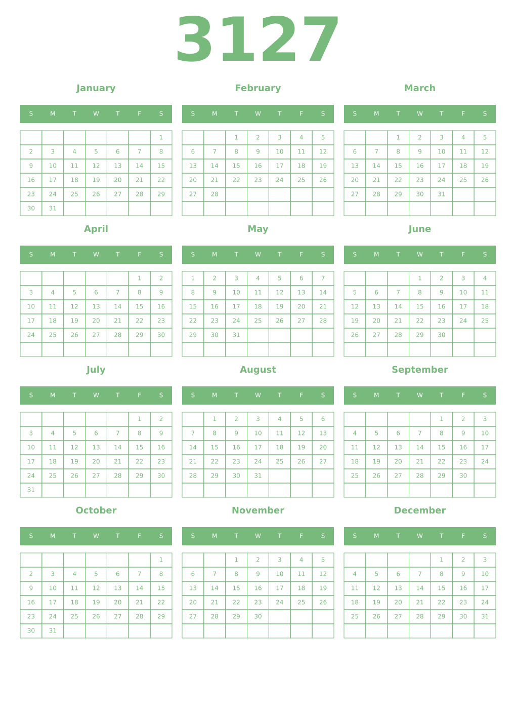 Printable 3127 Year Calendars celadon