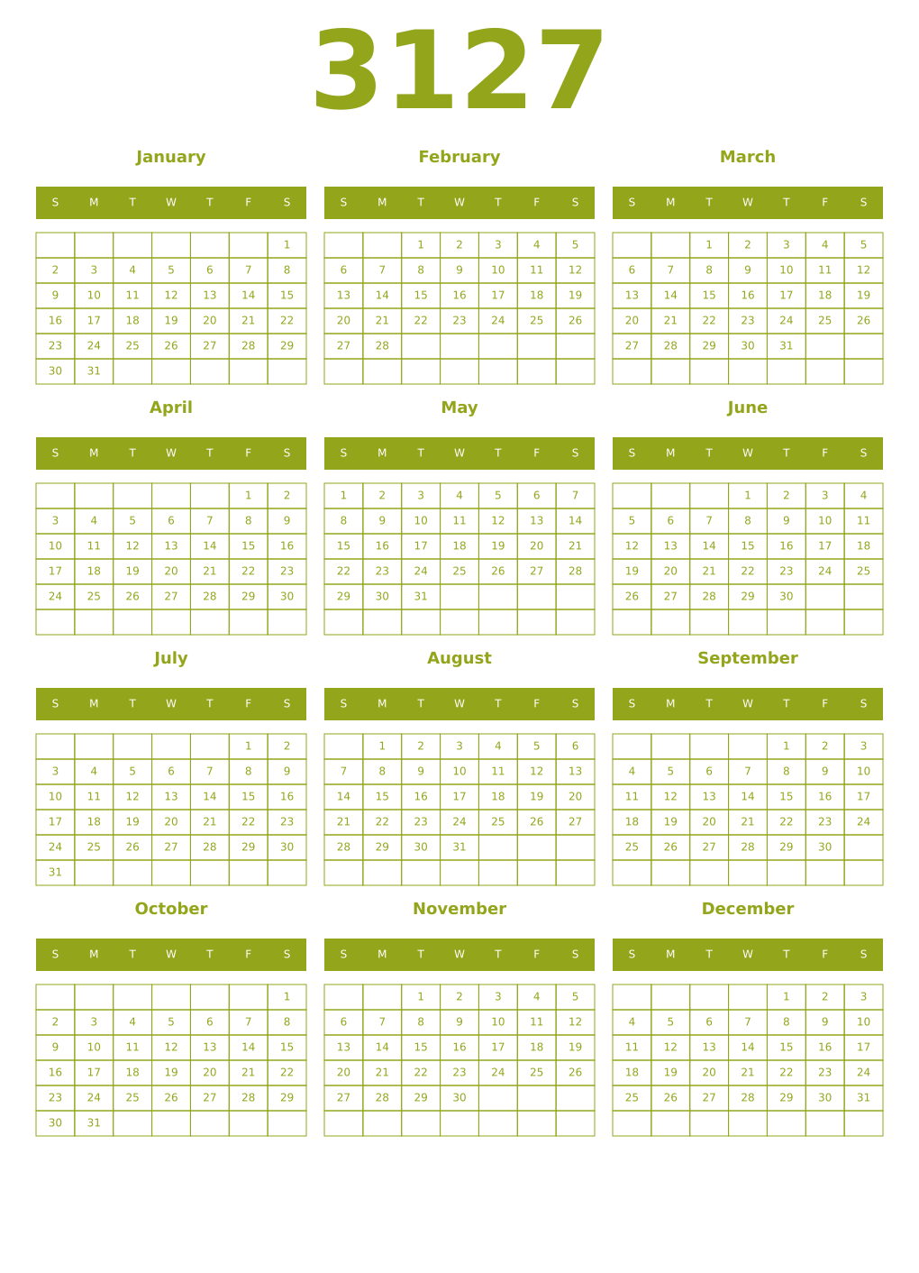 Printable 3127 Year Calendars chartreuse