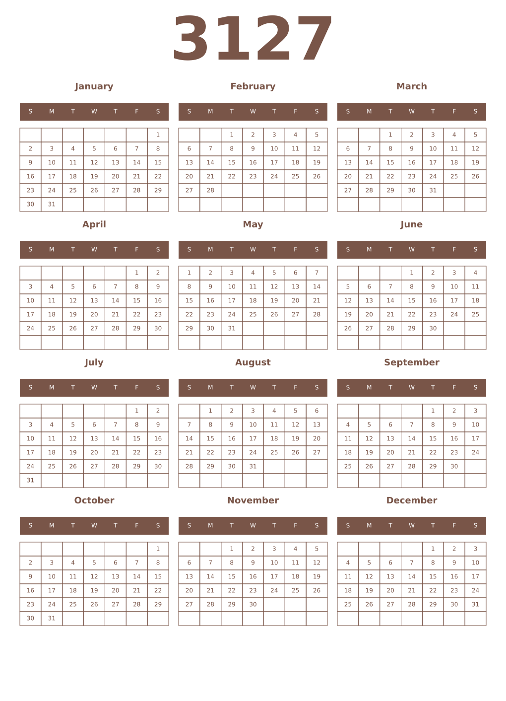 Printable 3127 Year Calendars coffe