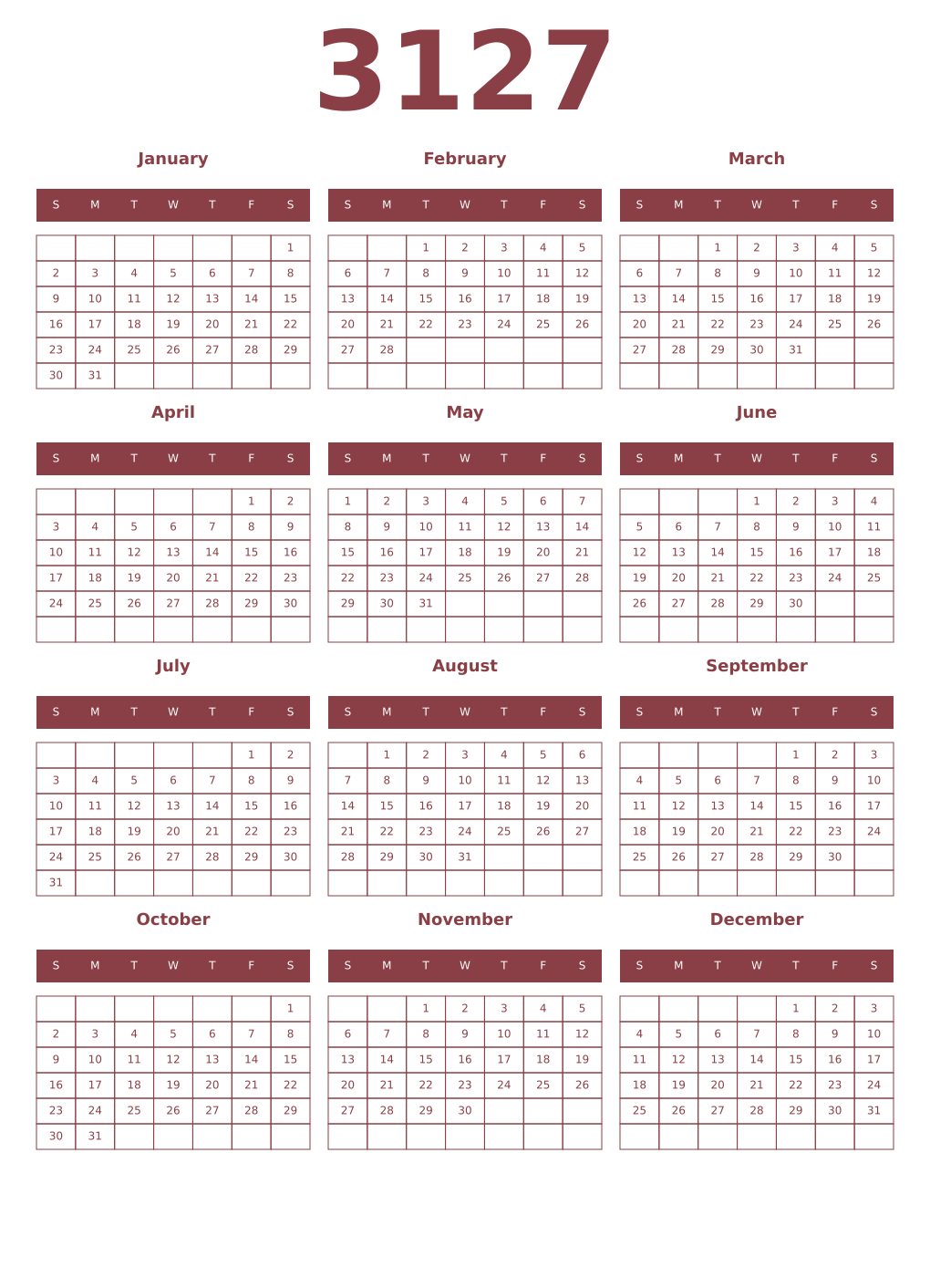 Printable 3127 Year Calendars cordovan