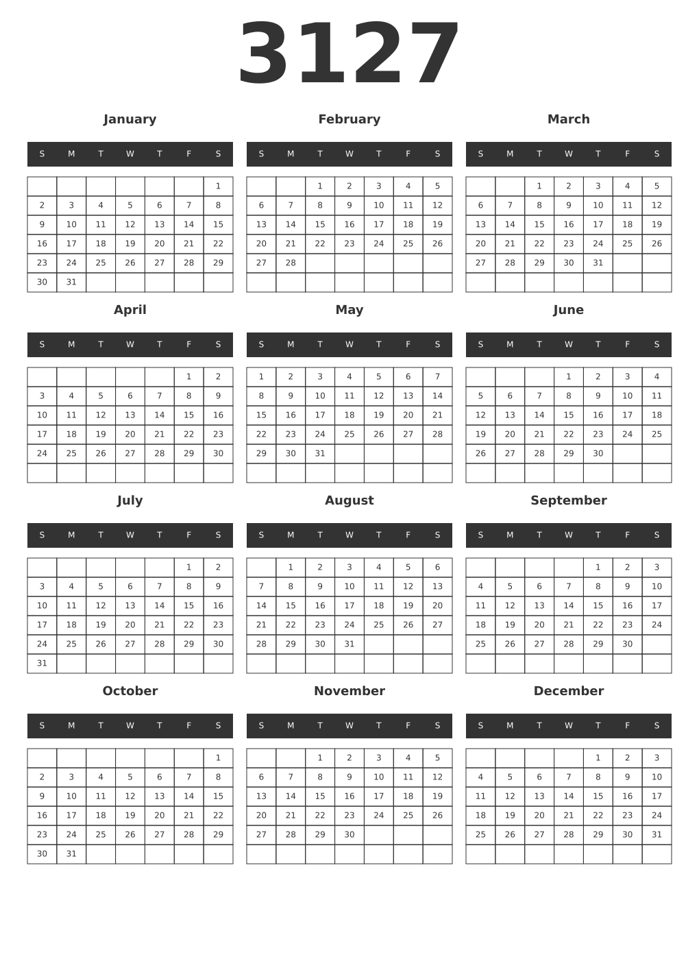 Printable 3127 Year Calendars dark